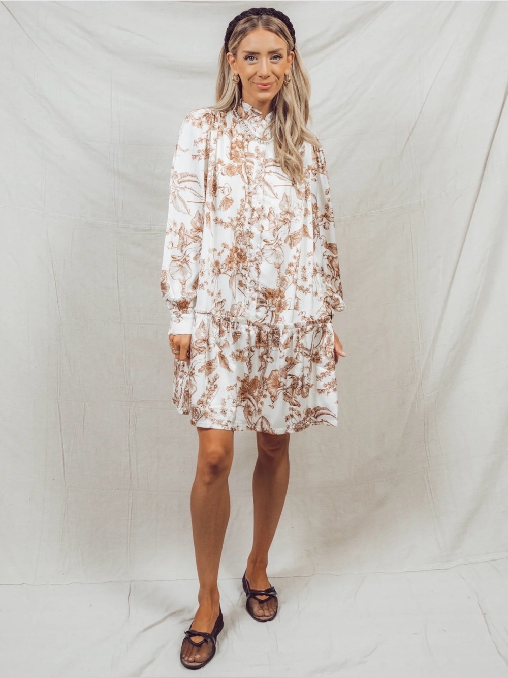 Floral Ruffle Hem Blouse in Cream and Brown